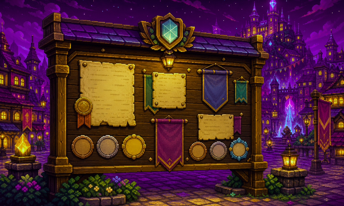 Pixel-art achievement board with guild emblems and rank milestones