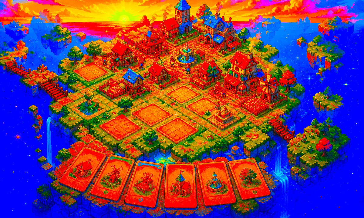 Pixel-art island city with connected buildings and glowing combo routes