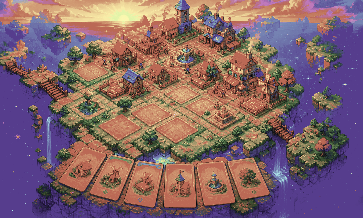 Pixel-art island city with connected buildings and glowing combo routes
