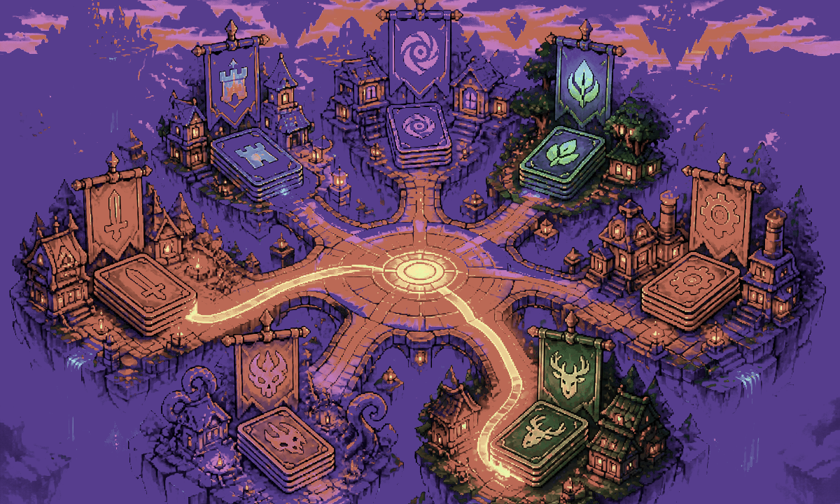 Pixel-art city blocks connected by bright combo lines over a dark island