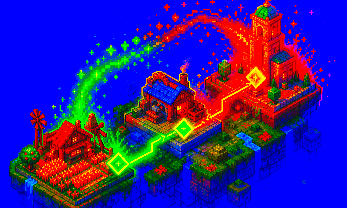 Pixel-art city blocks connected by bright combo lines over a dark island
