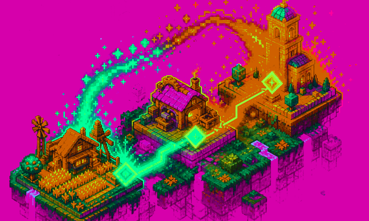 Pixel-art reference cards for city buildings connected by neon routes