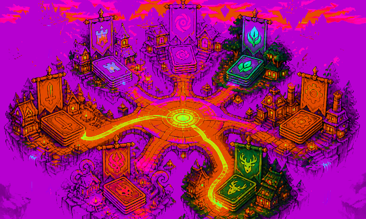 Pixel-art council chamber with a glowing vote counter and branching paths