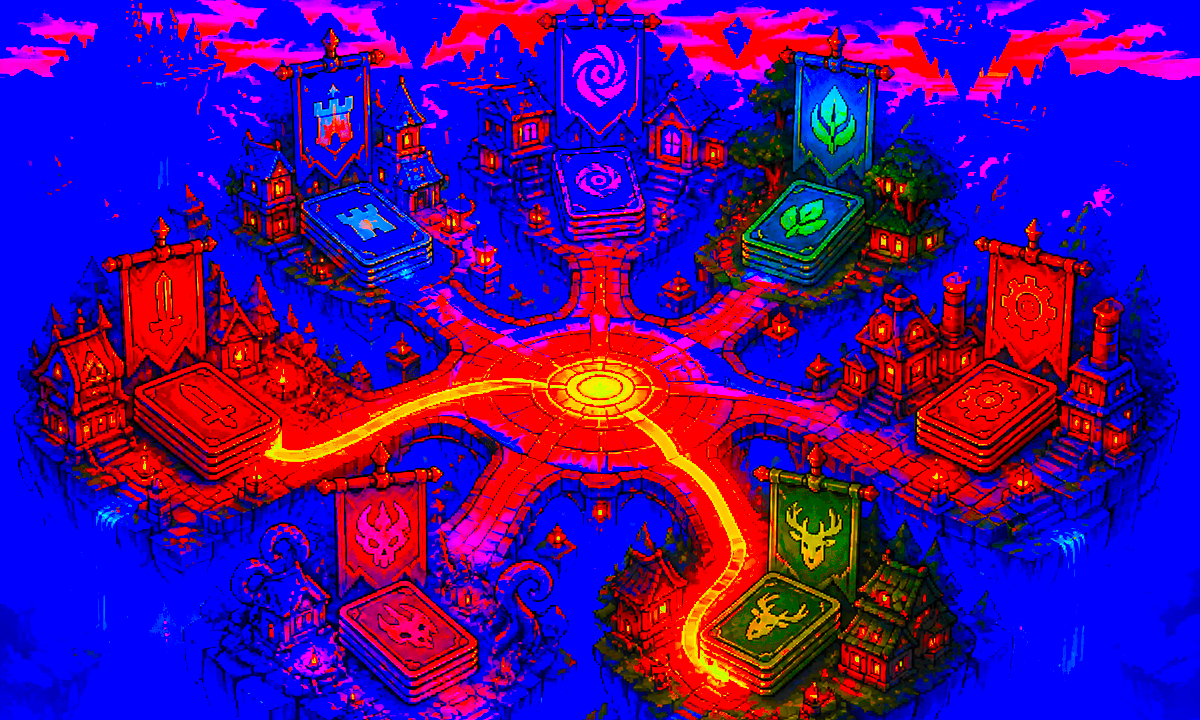Pixel-art council board showing guild emblems and branching choice lines