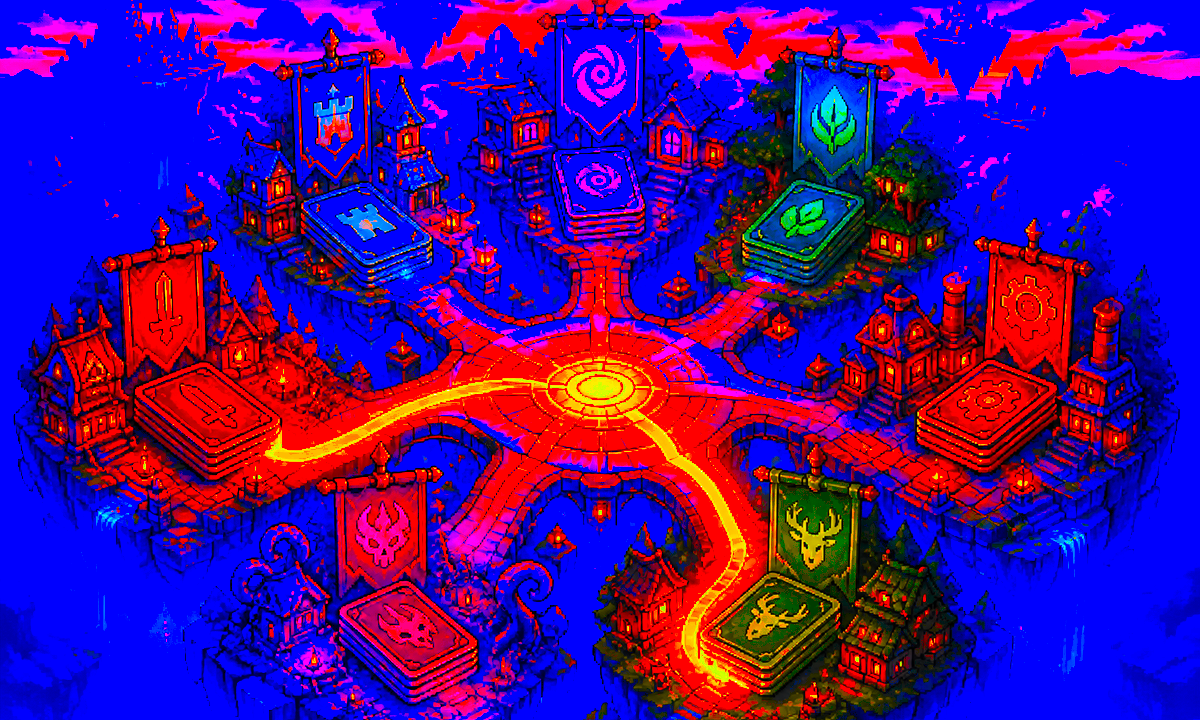 Pixel-art council board showing guild emblems and branching choice lines