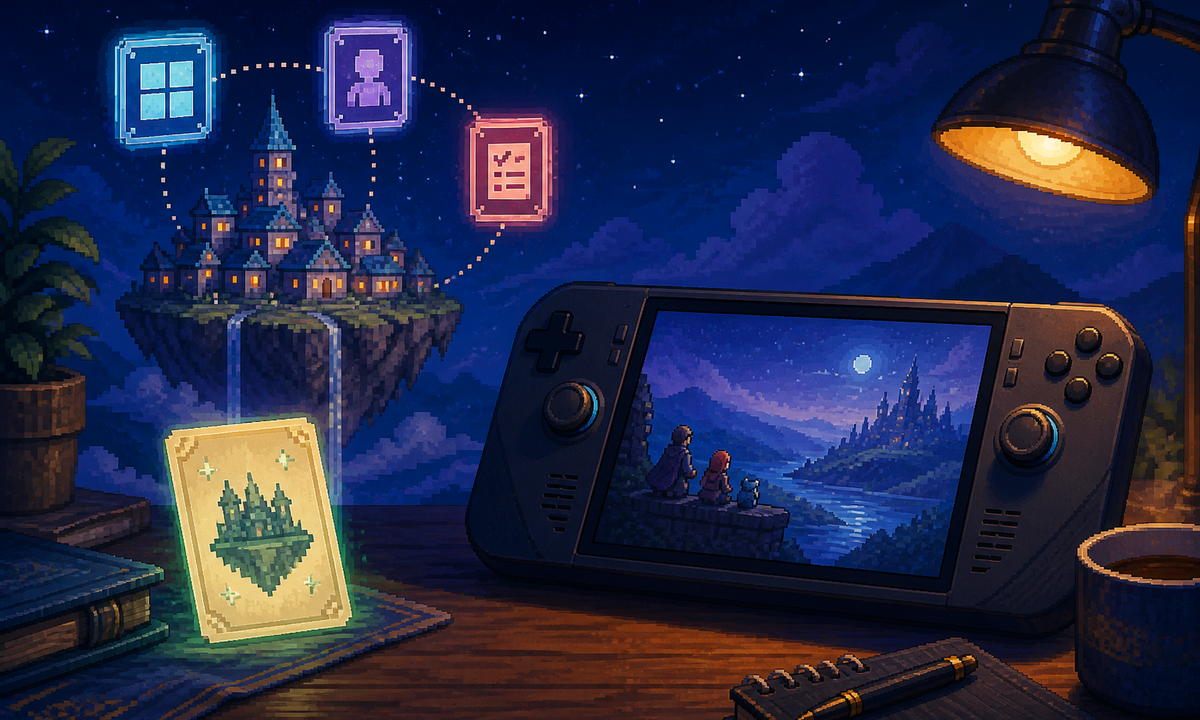 Pixel-art handheld console and cloud save symbols in a violet night scene