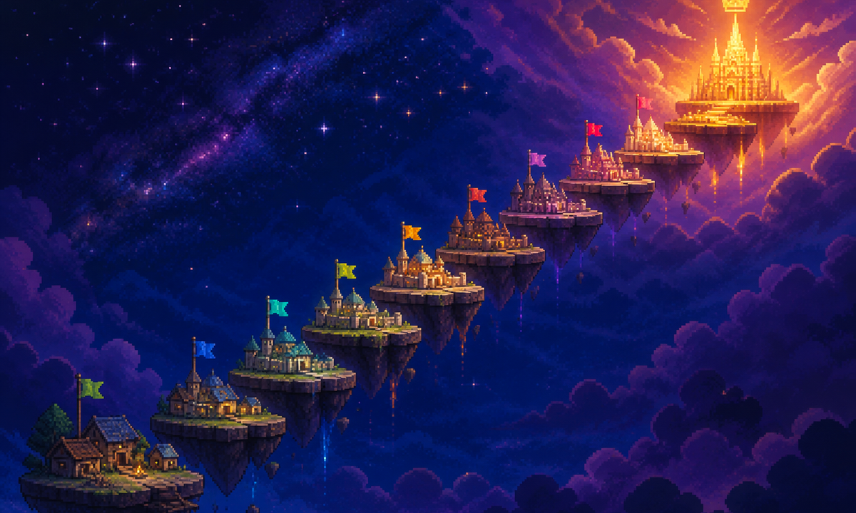 Pixel-art rank ladder rising from a small island city to a neon skyline