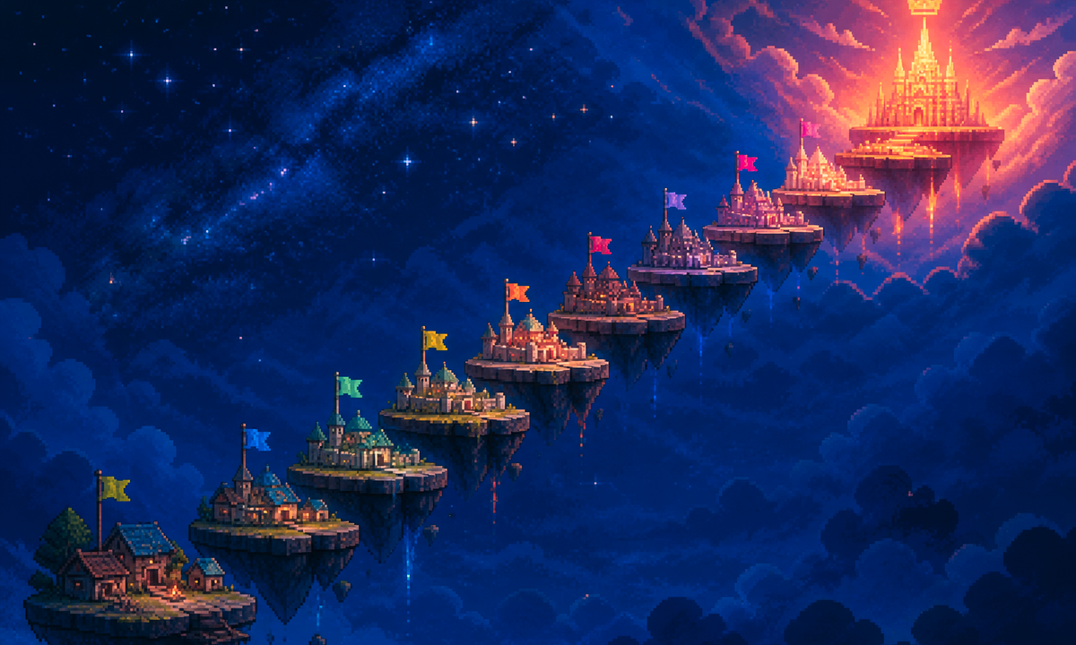 Pixel-art rank ladder with ten glowing civic titles above a city