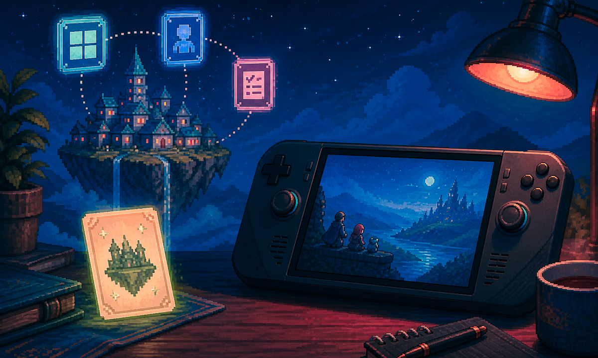 Pixel-art handheld console showing a glowing citybuilder island