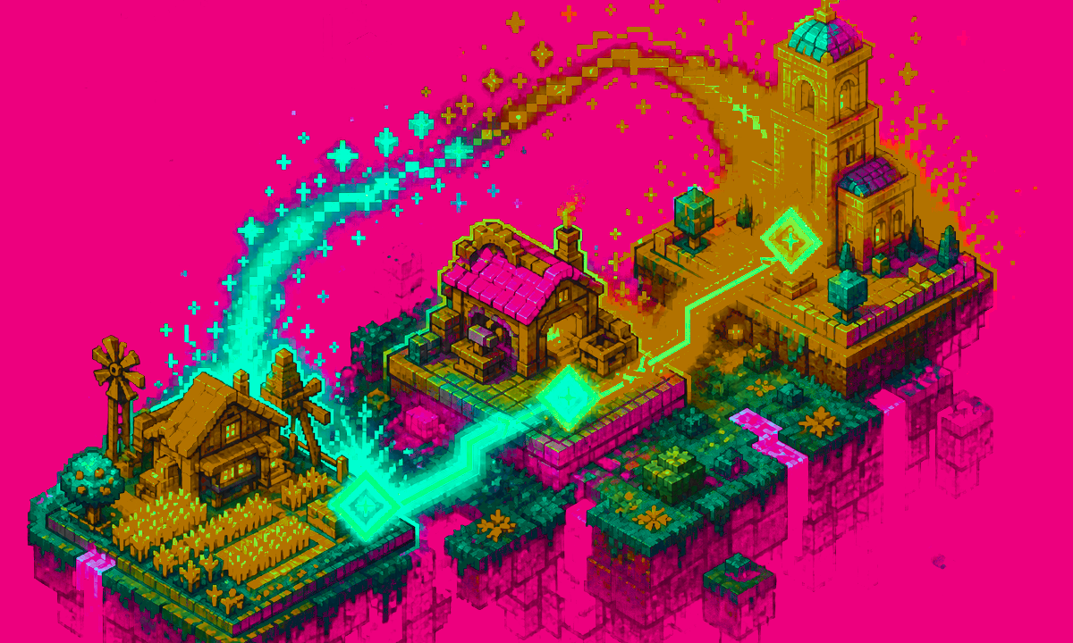 Pixel-art trigger map showing a building chain cascading across an island