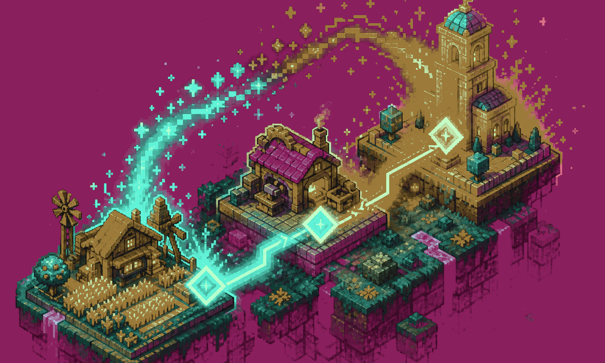 Pixel-art trigger map showing a building chain cascading across an island