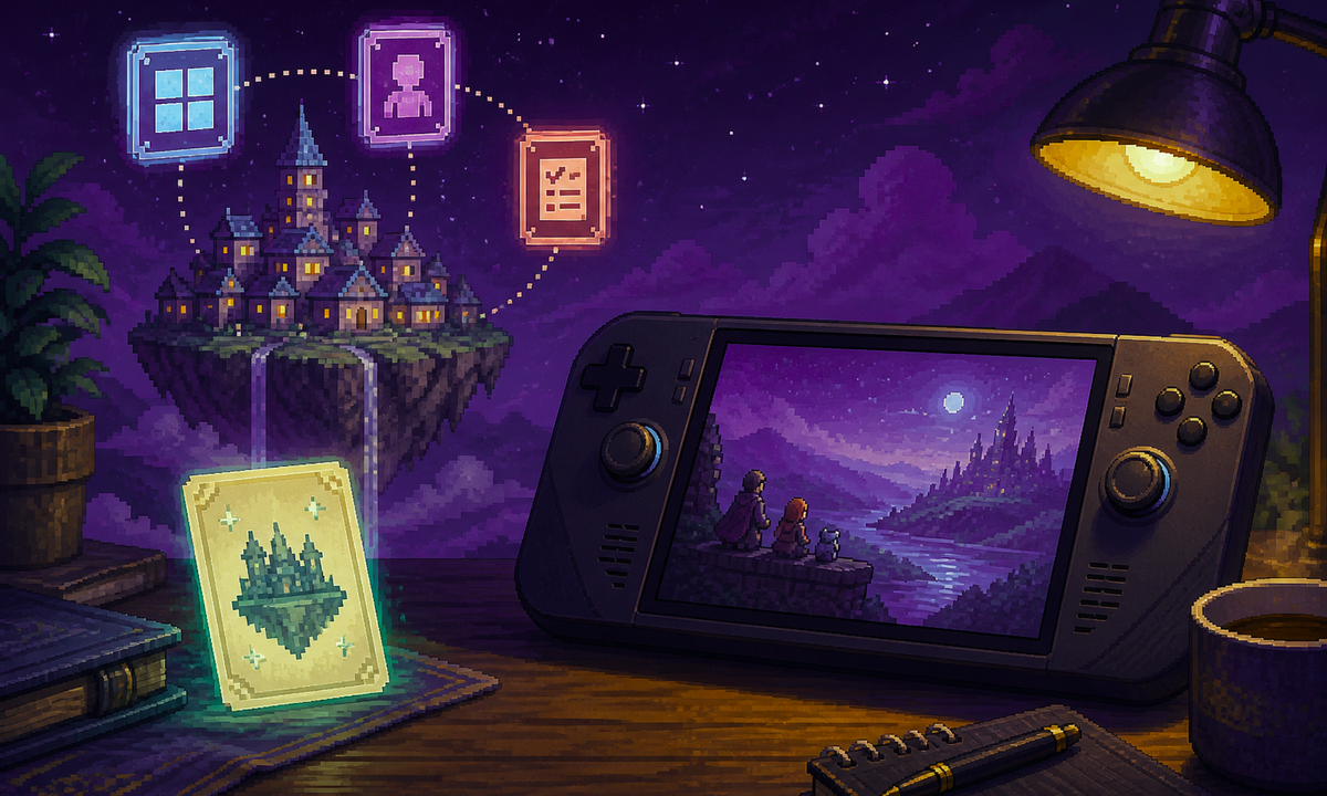 Pixel-art signal tower broadcasting patch notes over a neon island city