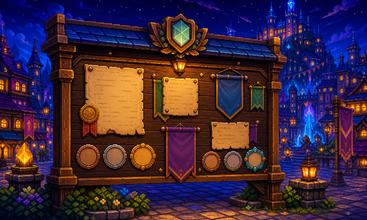 Pixel-art signal tower broadcasting patch notes over a neon island city